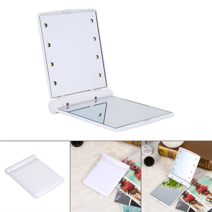 News 8 LED Makeup Travel Mirrors Mini Portable Folding Hand Cosmetic Make Up Pocket Mirror With 8 LED Light for Women