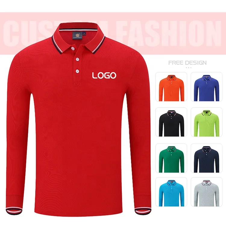Custom Silk Cotton Two Color Lapel Long Sleeve Logo Long Sleeve Polo Shirt High Quality Long Sleeve Polo Shirt