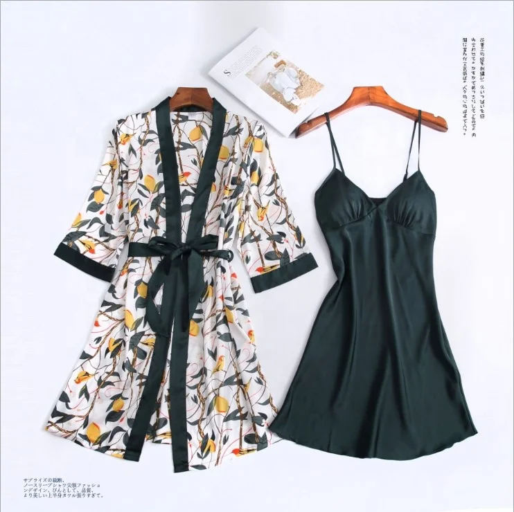 Hot style wholesale 2 piece Satin Robe sets sexy floral printed bathrobe for women summer Silky kimono pajamas sleepwear set