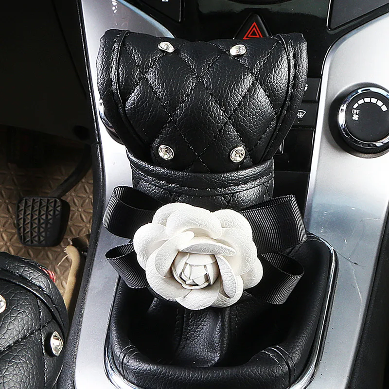 White Camellia Car Interior Set Universal Handbrake Shift Cover Gear Cover Seat Cover