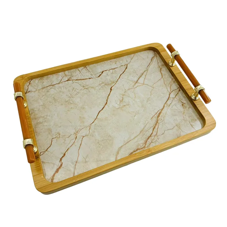 Retro Rectangular Art Figured Textured Sheet Patterned Plastic bottom Fruit Tray Tea Cup Tray bamboo Serving Snack Tray Set