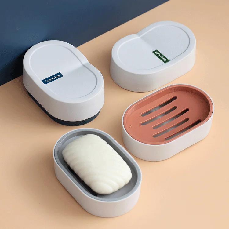Wholesale cheap hotel bathroom double layer PP soap storage holder drain tray soap dish box plastic soap case with lid