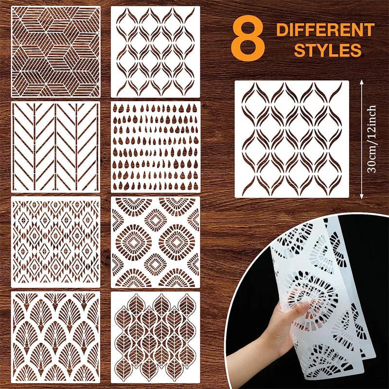 8 Pieces 12 x 12 Inch Wall Stencils for Painting Geometric Modern Herringbone Wall Stencils Wall Decor