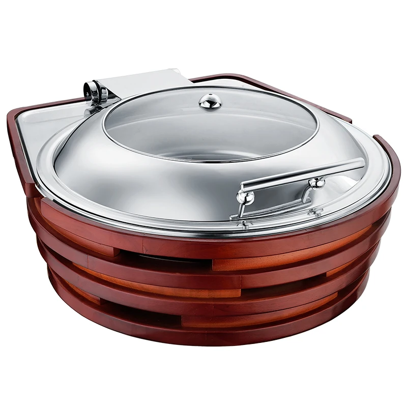 9L Stainless Steel Wooden Round Roll Top Chafing Dish Buffet Set Luxury  Factory Sale Directly