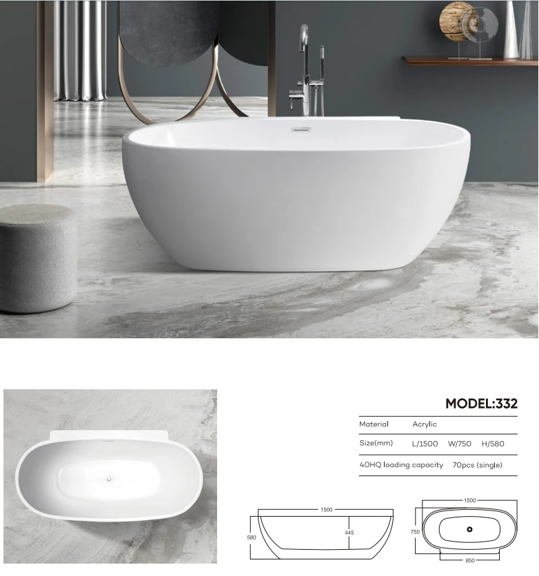 China Factory Price Free Standing White Acrylic Solid Surface Bathtub Stand Alone Bath Tub