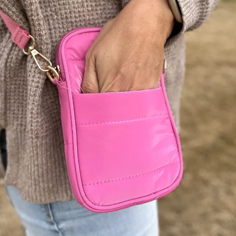 wholesaler custom adjustable strap mini shoulder pink black phone nylon puffer crossbody bag women