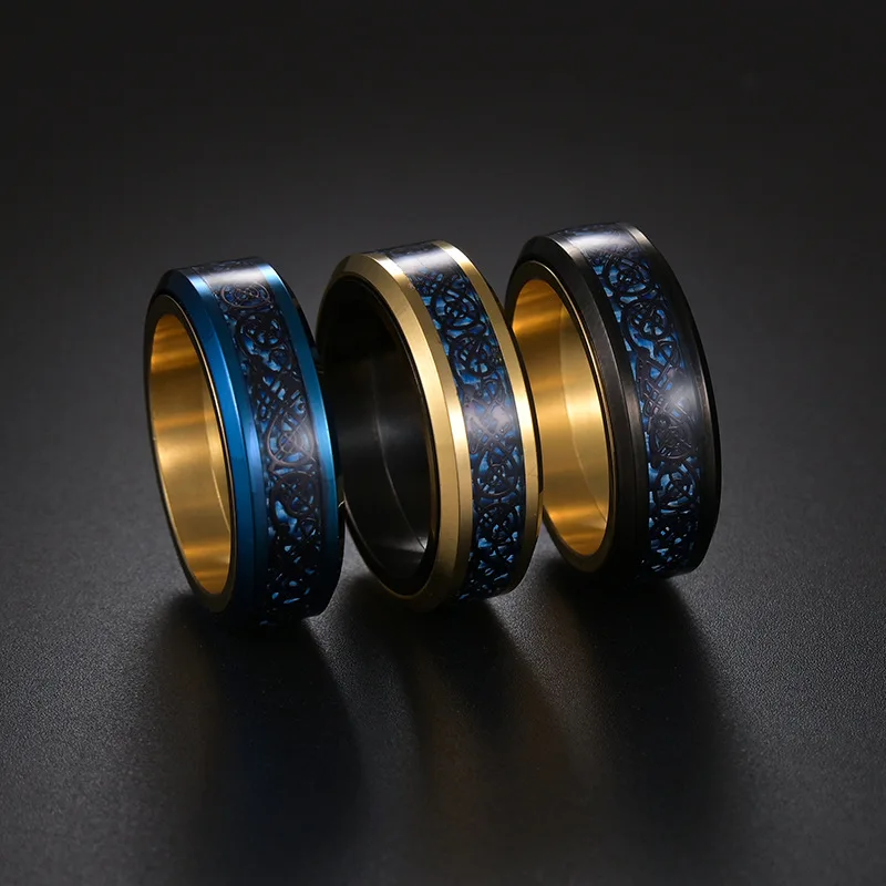 8MM Punk Carbon Fiber Dragon Ring High End Stainless Steel Rotatable Pressure Release Ring Fidget Spinner Rings For Women Men