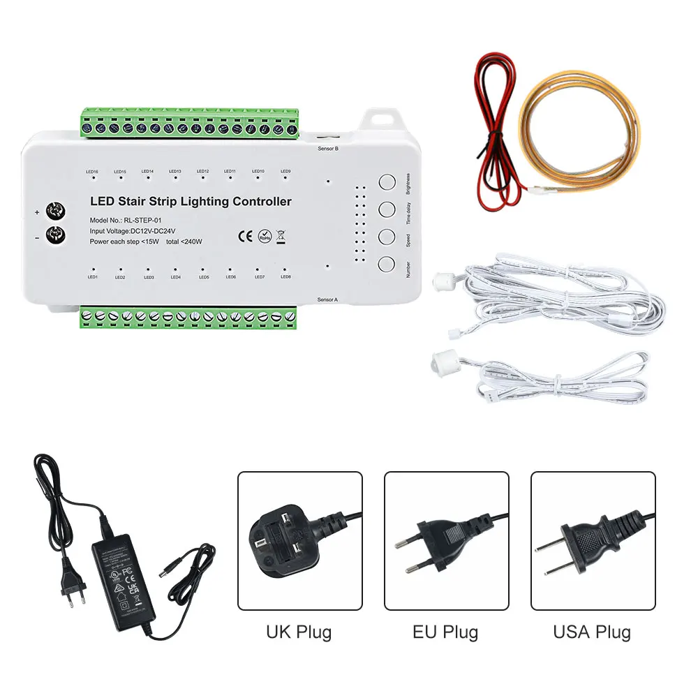 Step-01 16 Steps Stair Lighting Controller Set with COB Strips PIR Motions for Indoor Outdoor Decoration