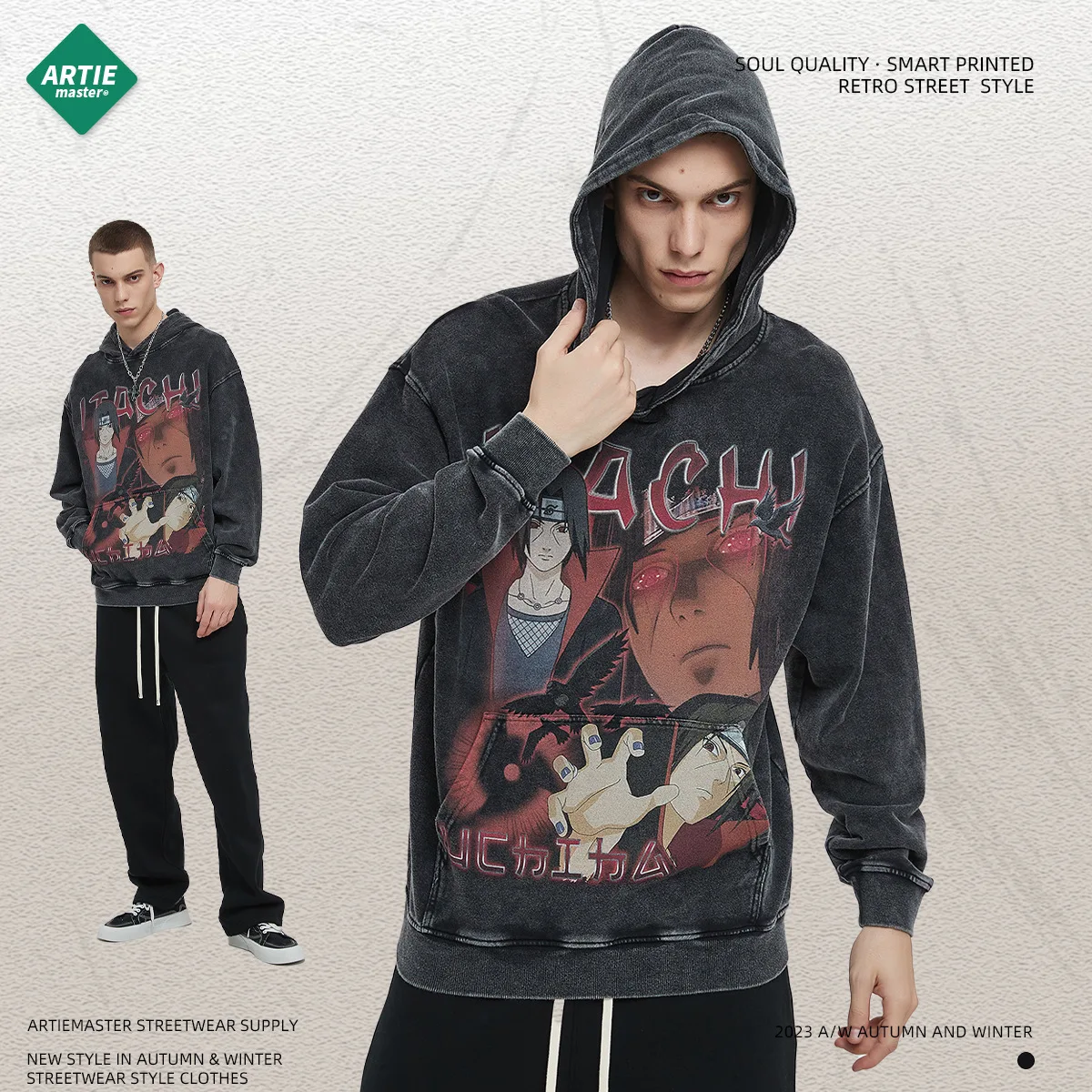 Uchiha Itachi Digital Printing 380GSM 100% Cotton Hoodie Oversized Heavyweight Vintage Acid Washed Streetwear Graphic Hoodies