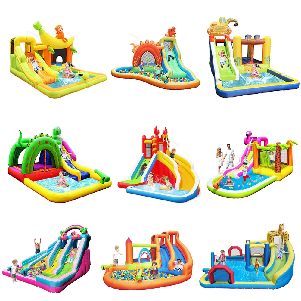 HAPPY LION Inflatable bouncy castle with Pool,giraffe them slides backyard inflatable water slide