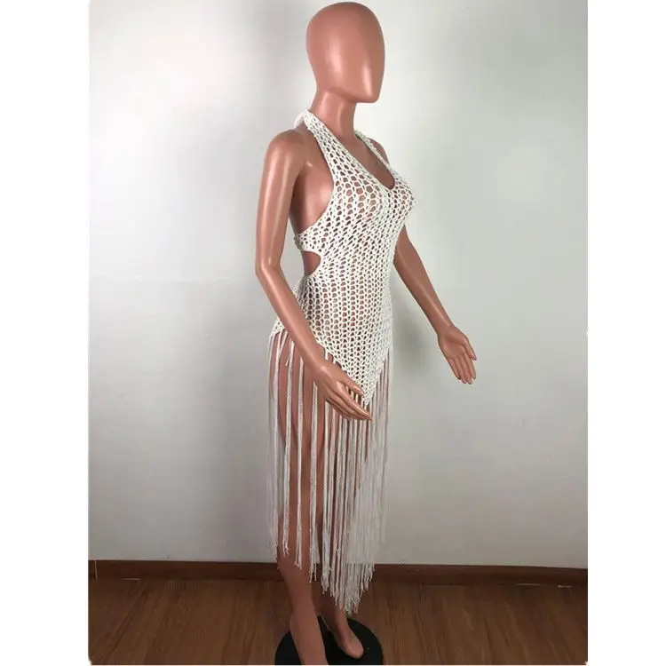 
Long Tassels Knitted Cover Ups Dresses Halter String Back Crocheted Beach Clothing Ankle Length Solid Pattern Outdoor Wear 