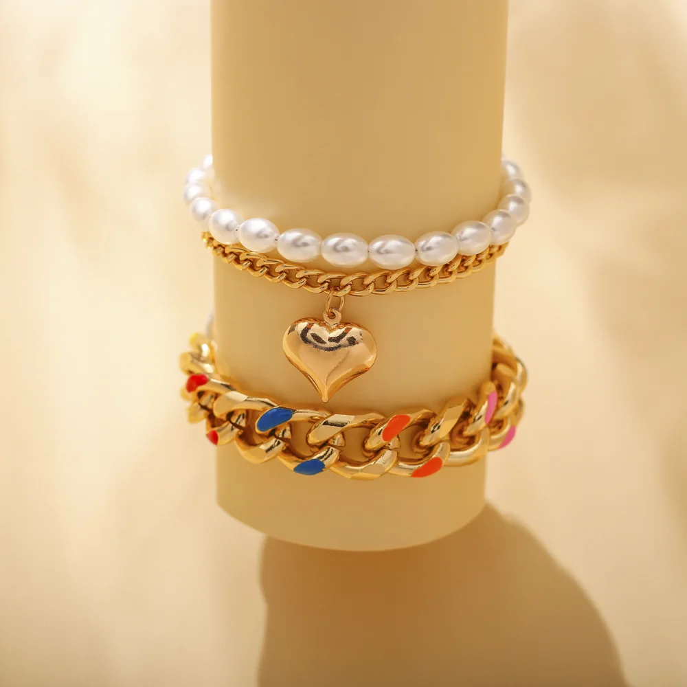 Wholesale Light Luxury Multi Layered Gold Plated Anklet Pearl Heart Summer Anklets For Women Girls