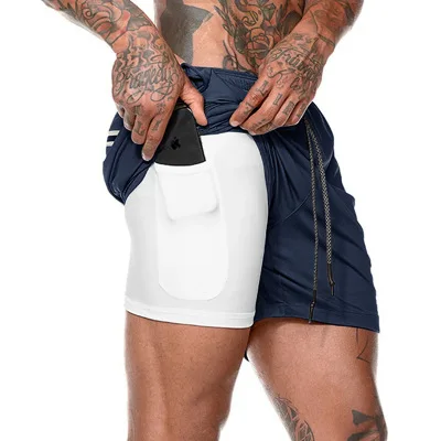 2021 Amazon мужские спортивные шорты для тренировок 2 в 1 двухслойные спортивные шорты с карманами (1600181856324)