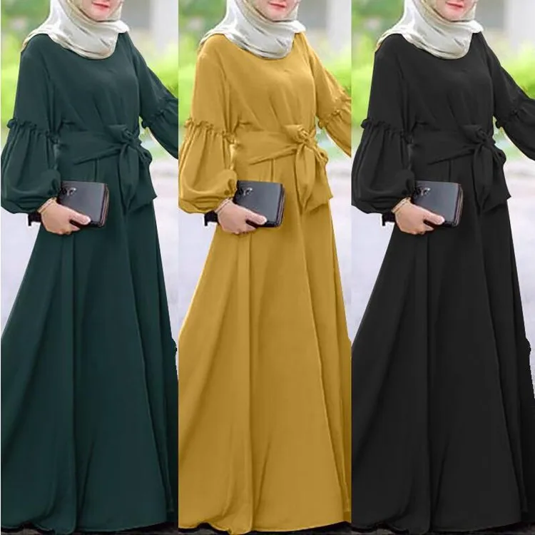 Traditional Basic Muslim dress Women Puff sleeve Maxi Dress Muslim Clothes Abaya Jilbab Kaftan women Casual dress plus size Robe