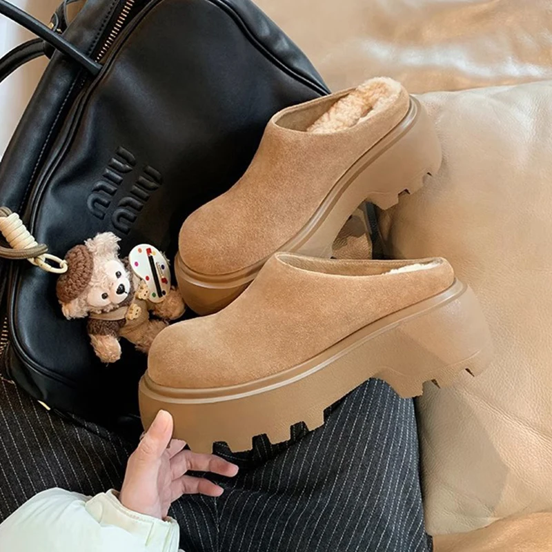 Kemayanni New Arrival Winter Leather Baotou Boken High Heels Thick Bottom Warm Fury Slippers