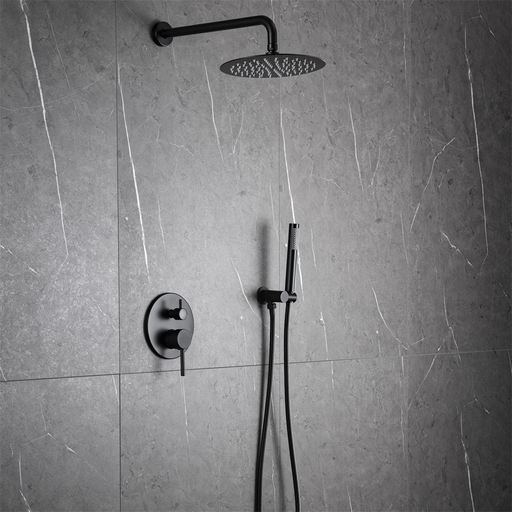 2 Way Wall Mounted Rainfall Round Matt Black Concealed Shower Faucet Mixer