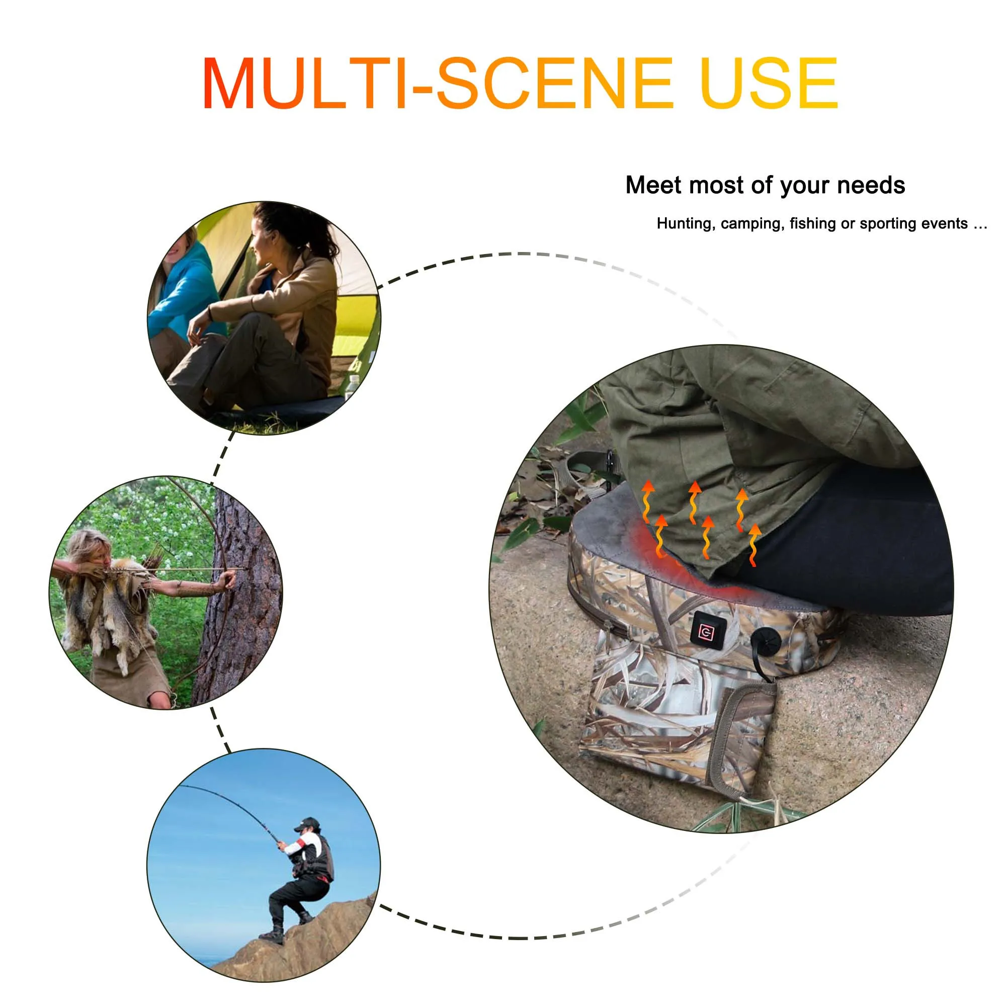 Mydays Outdoor Camouflage Zipper Multi Functional USB Powered Hunting Concave Design Seat Cushion With Handle