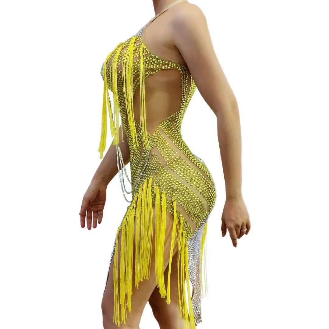
M1029 Yellow Tassel Latin Rhinestone Fringes Mesh Transparent Sexy Dress 