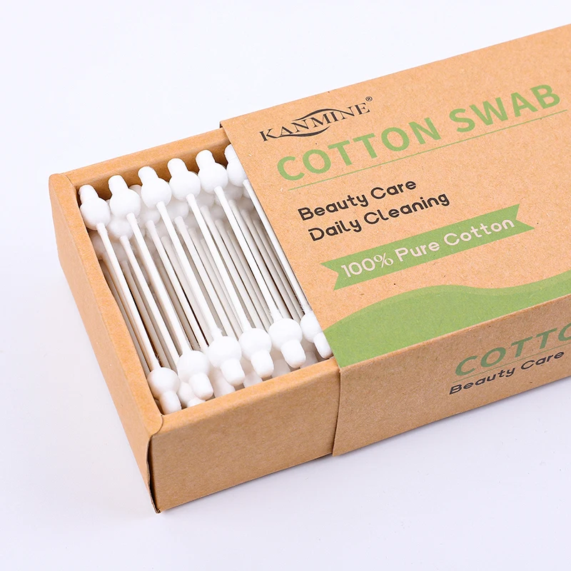 Eco-friendly Biodegradable Cleaning Organic 110Pcs Baby Gourd Head Paper Stick Cotton Bud With Kraft Box Package