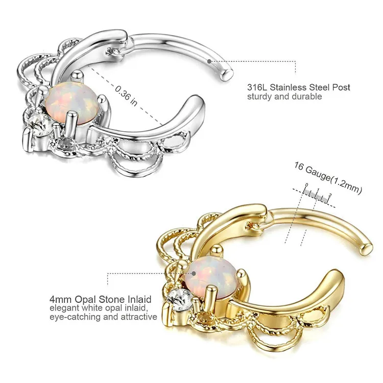 Rose gold nose ring Opal inlaid Indian nose clip piercing jewelry fashion woman nose piercing