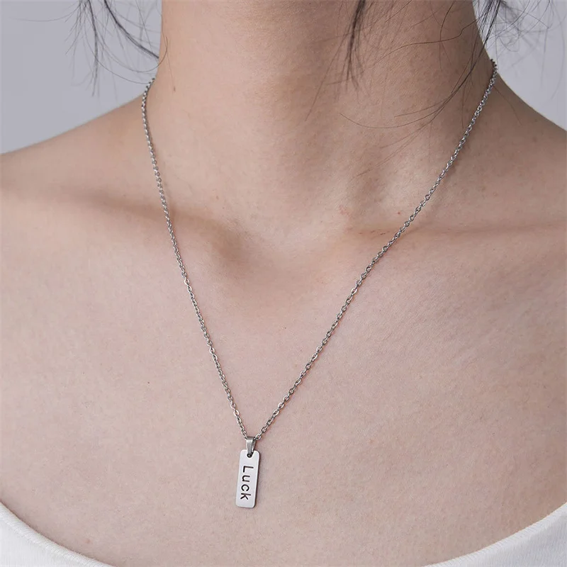 Stainless Steel Bar Pendant Engrave Lucky Happy Faith Necklace for Women Men Jewelry