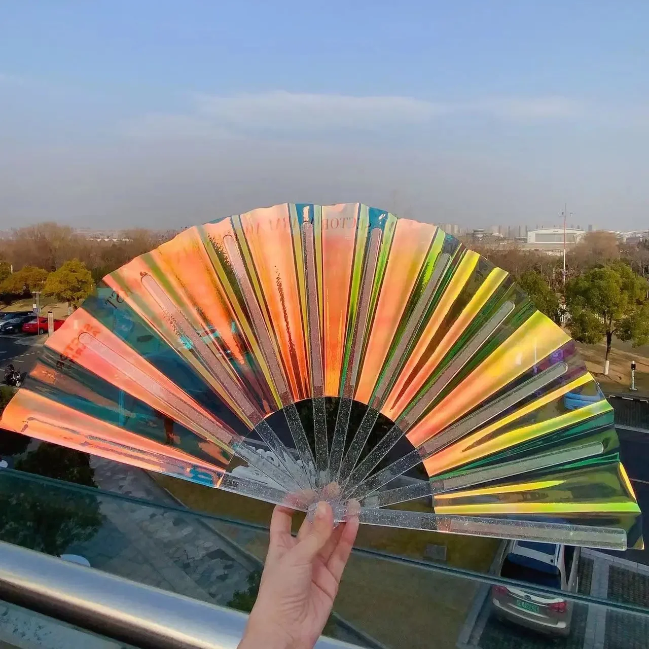 Hot Selling PVC laser film fan hand Silver color Chinese Ancient Wedding Party Plastic hand folding fan