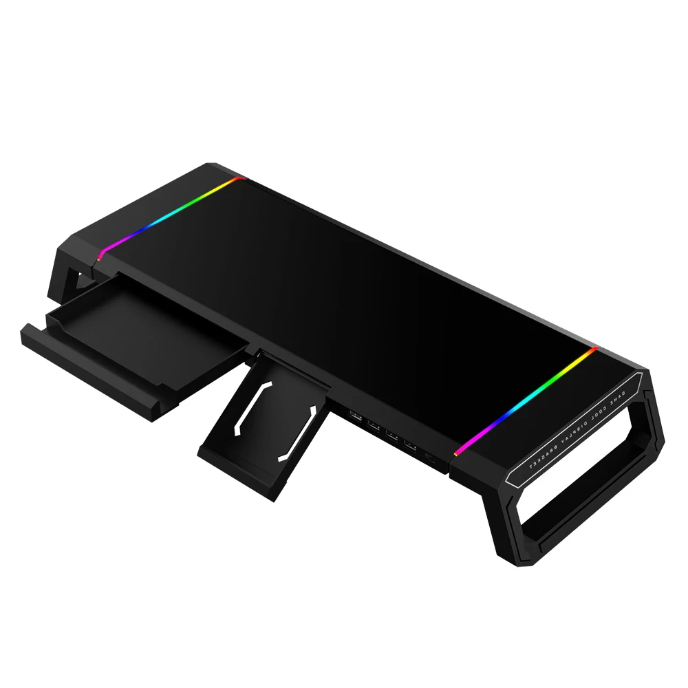 Заводская розетка Лидер продаж RGB подставка для монитора ноутбука 4 USB с ящиком хранения и кронштейном телефона OEM