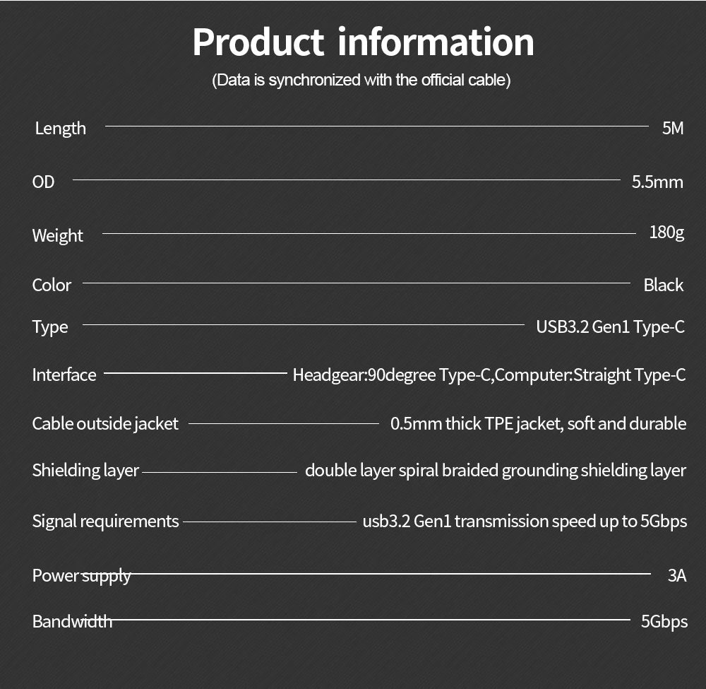 Quick charging support 5M  Elbow 3.2 Gen 1 USB Type C Cable support 5 Gbps made For VR Quest 2 Link Headset Cable