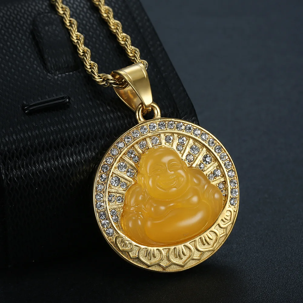 34*34mm round pendant stocks 18k gold Iced out stainless steel carved jade buddha