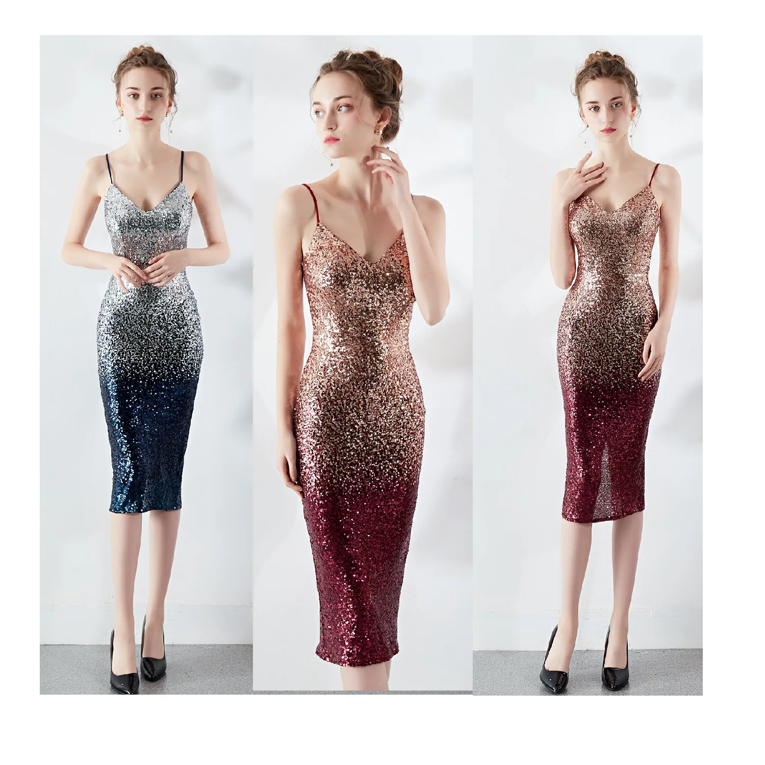 Sweet Blue Pink Sequined Deep V neck Mini Party Dress Plus Size Evening Dress