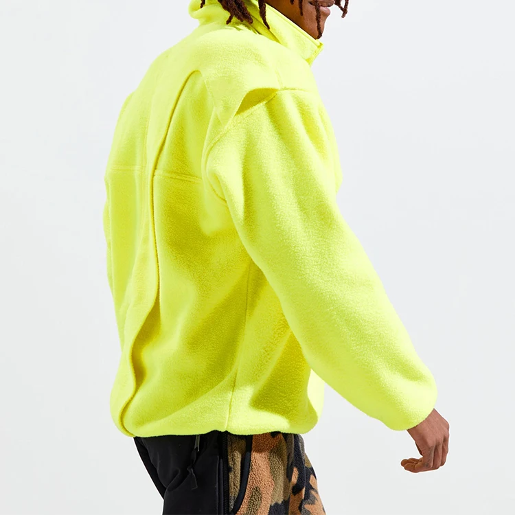 Decheng Oem Button Up Mock Neck Hoodies Oversize Trending Fluorescent Yellow Drop Shoulder Sherpa Fleece Heavyweight Hoodie