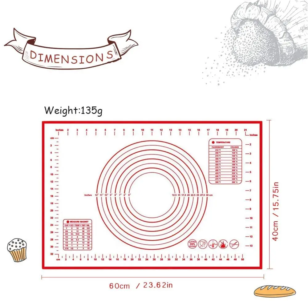 
Reusable Measurements Non-stick Silicone Pastry Mat Rolling Baking Sheet Mats 