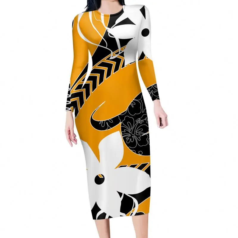 2021 Custom Hawaiian Lily Flower Hibiscus Purple Pattern Sexy Dress Women Long Sleeve O Neck Knee-length Elegant Summer Casual