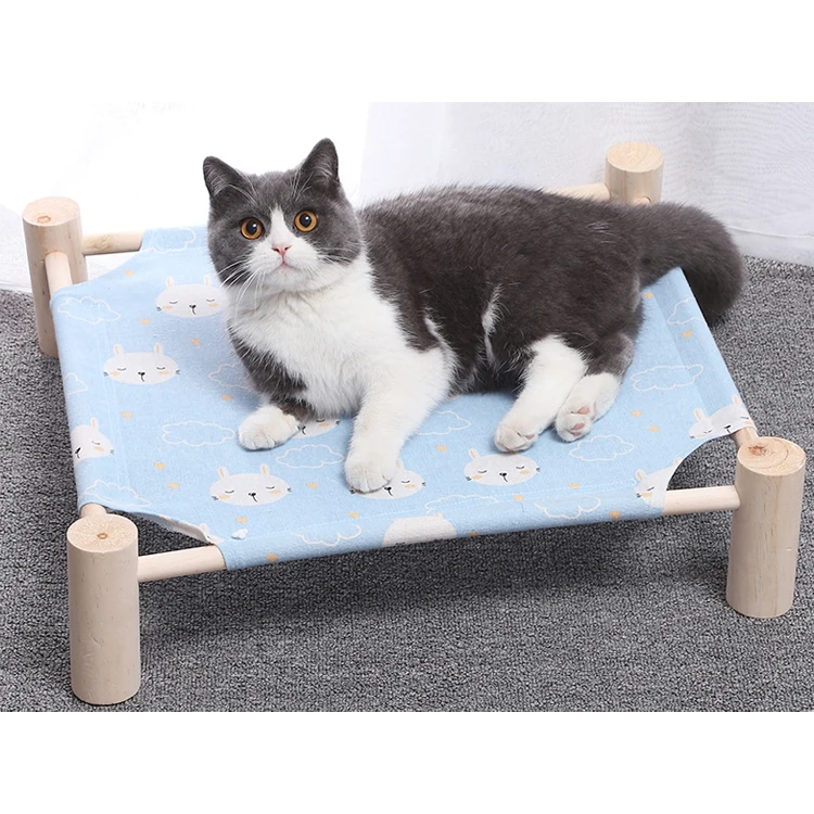 Wooden Elevated Portable Cooling bed Cat Hammock Washable Cotton Canvas bed Pet Dog Raised Cat Bed
