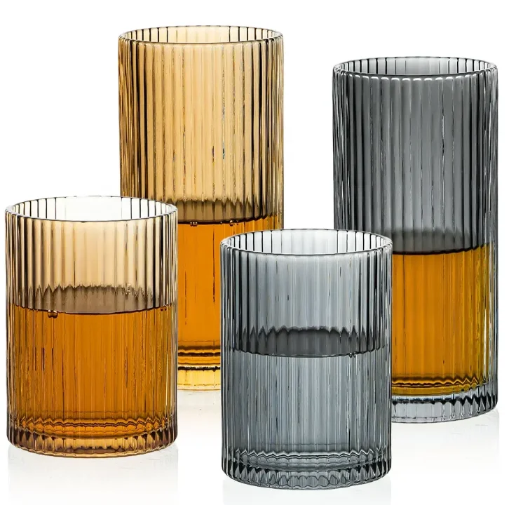 Vintage Vertical Striped Glass Cup Transparent Origami Style Ribbed Drinking Glasses