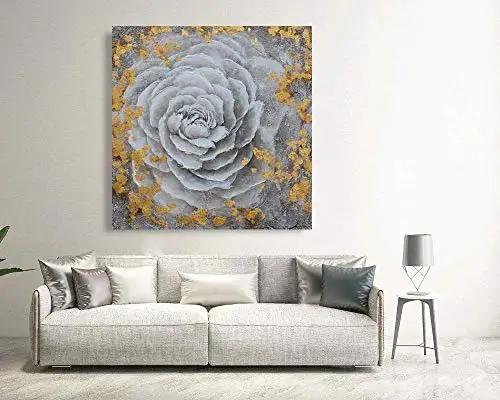Hand Painted Modern White Flower With Gold Foil Print Artwork Pictures With Embellishment On Canvas For Bedroom Decoration