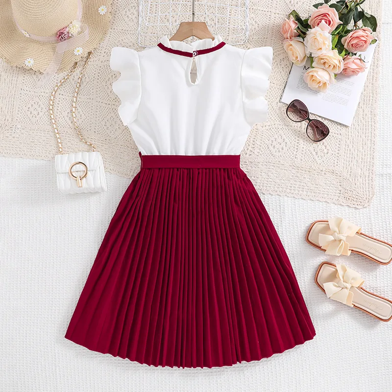 Hot selling 2024 Spring and Summer Girls Dresses 8-12 Years Old New Flying Sleeve Princess Dress Casual Solid Color Dress