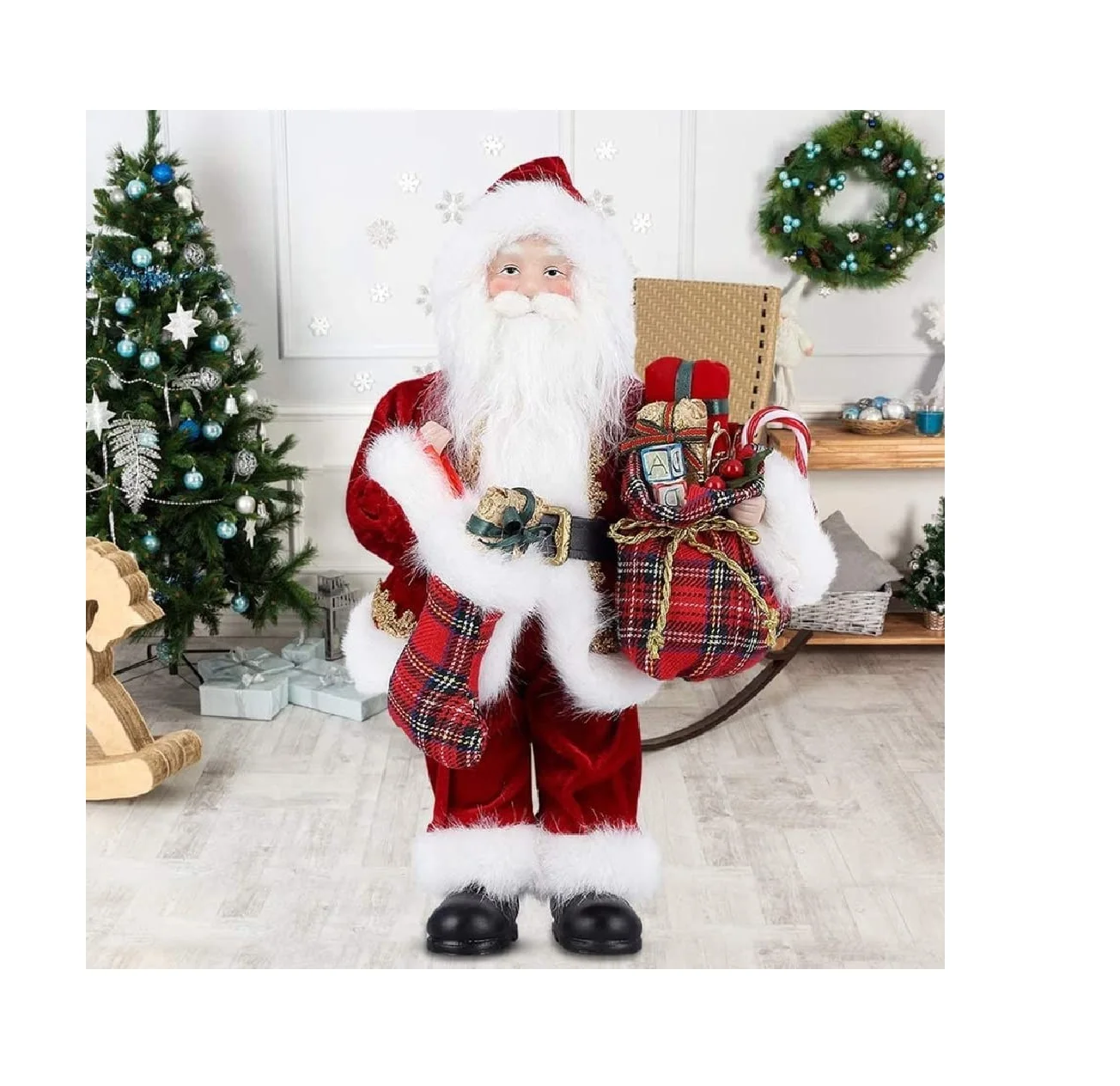 Santa Claus, Christmas Figurine Figure Decor with Christmas Sock and Gifts Bag for Holiday Party Home Decoration