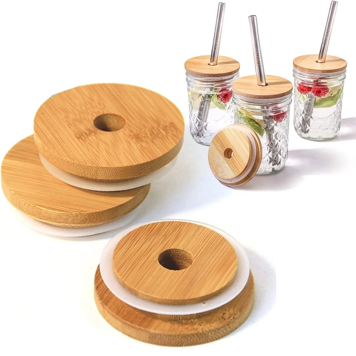 70mm Size Bamboo Lids With Straw Hole Good Seal Bamboo Lid With Silicone Ring For Mason Mug