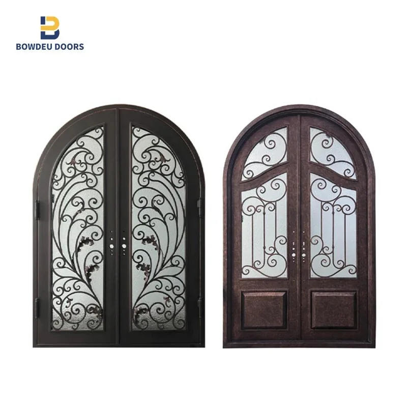 Modern double security door wrought iron entrance security steel front entry door with glass