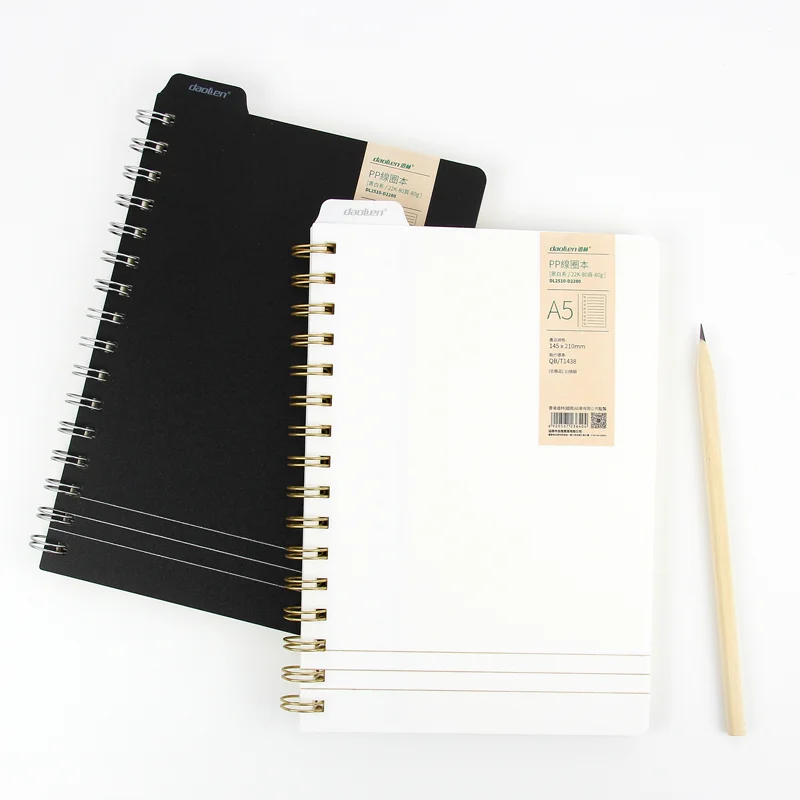 Black/White color PP plastic hard cover stationery spiral journal line grid pages with bulit-in ruler
