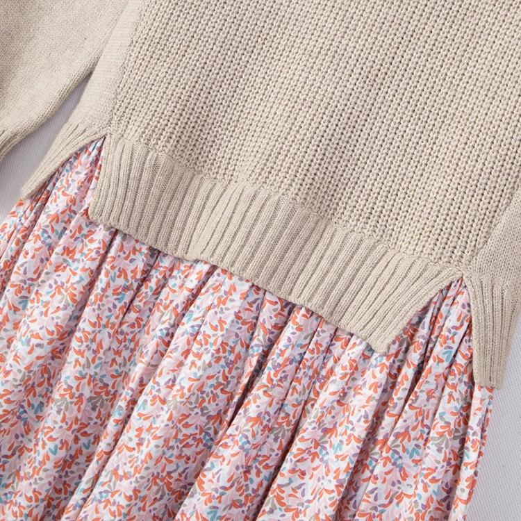 Autumn popular kids girls knitted dress children  long sleeve floral dress