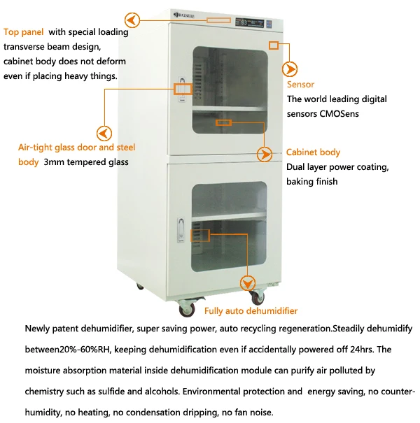 Сухой шкаф Электрический осушитель 480L подходит для объектива/камеры/оптического оборудования/IC образца/пленки/химического порошка