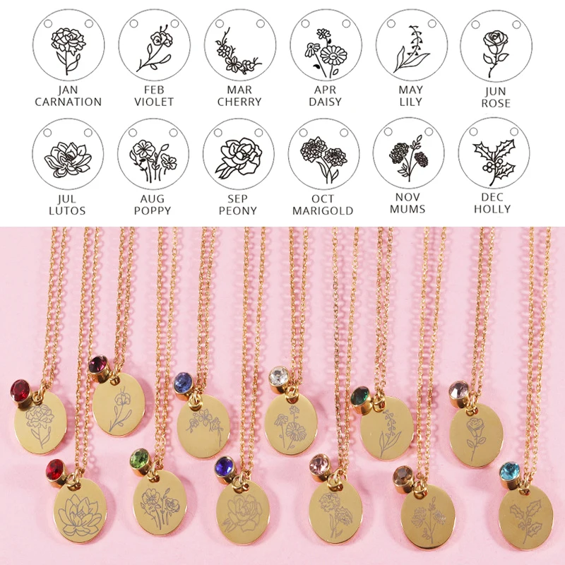 Manufacturer custom none fade necklace Women Birthday twelve Month Flower Choker Necklace 18k Stainless Steel Chain Jewelry
