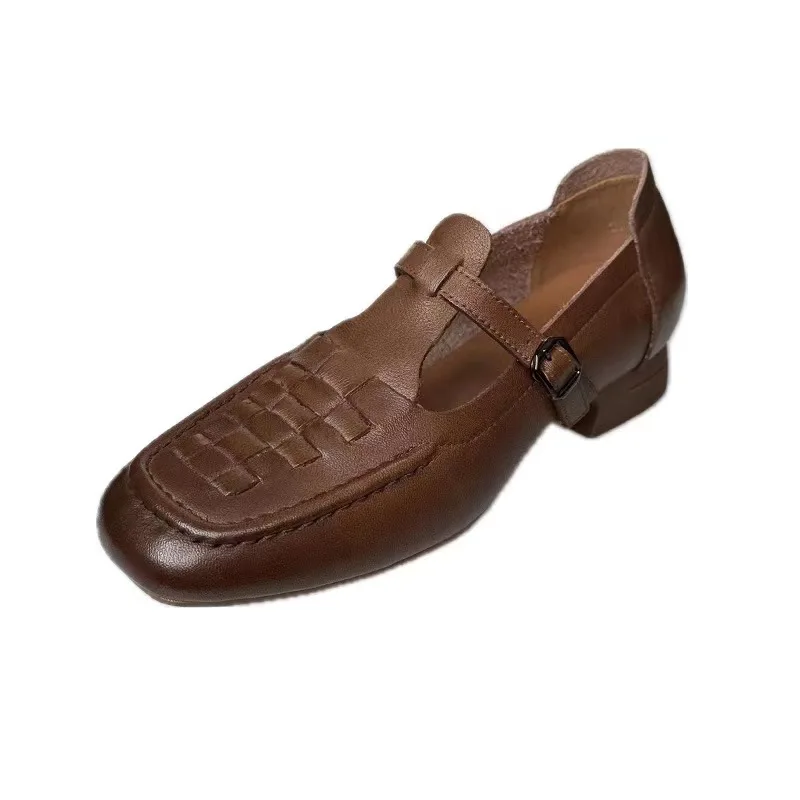 High quality  Genuine leather Handwoven design T-Strap Mary Jane women low heels office dress shoes casual shoes manufacturer