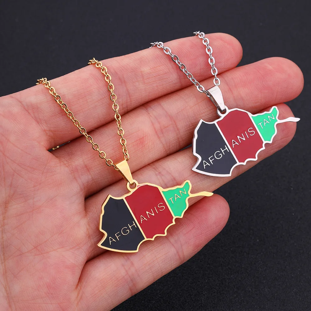 Jewelry Stainless Steel Enamel Afghanistan Map Flag Pendant Necklaces