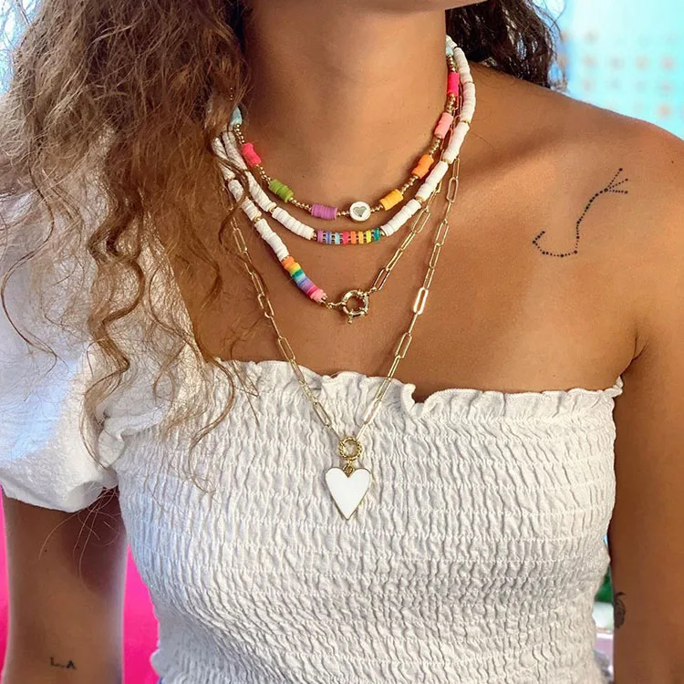 NM1235 Bolo Vintage Ethnic Colorful Polymer Clay Disc Bead and Tiny Gold Beads Boho Heart Pendant Necklace Femme Beach Necklace