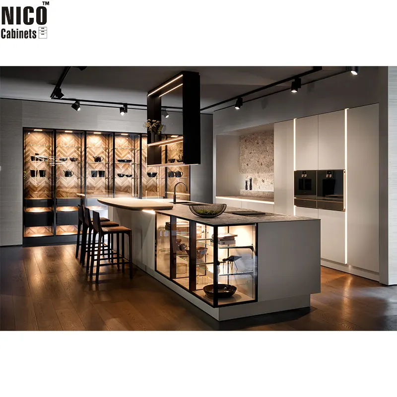 NICOCABINET Luxury Artisanal Craftsmanship Chic Glass Detailing Ambient Lighting Custom Kitchen Cabinets