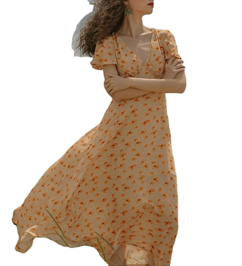 New Design Summer Women Ruffles Zippers Chiffon Short Sleeve Orange Floral Midi Dress