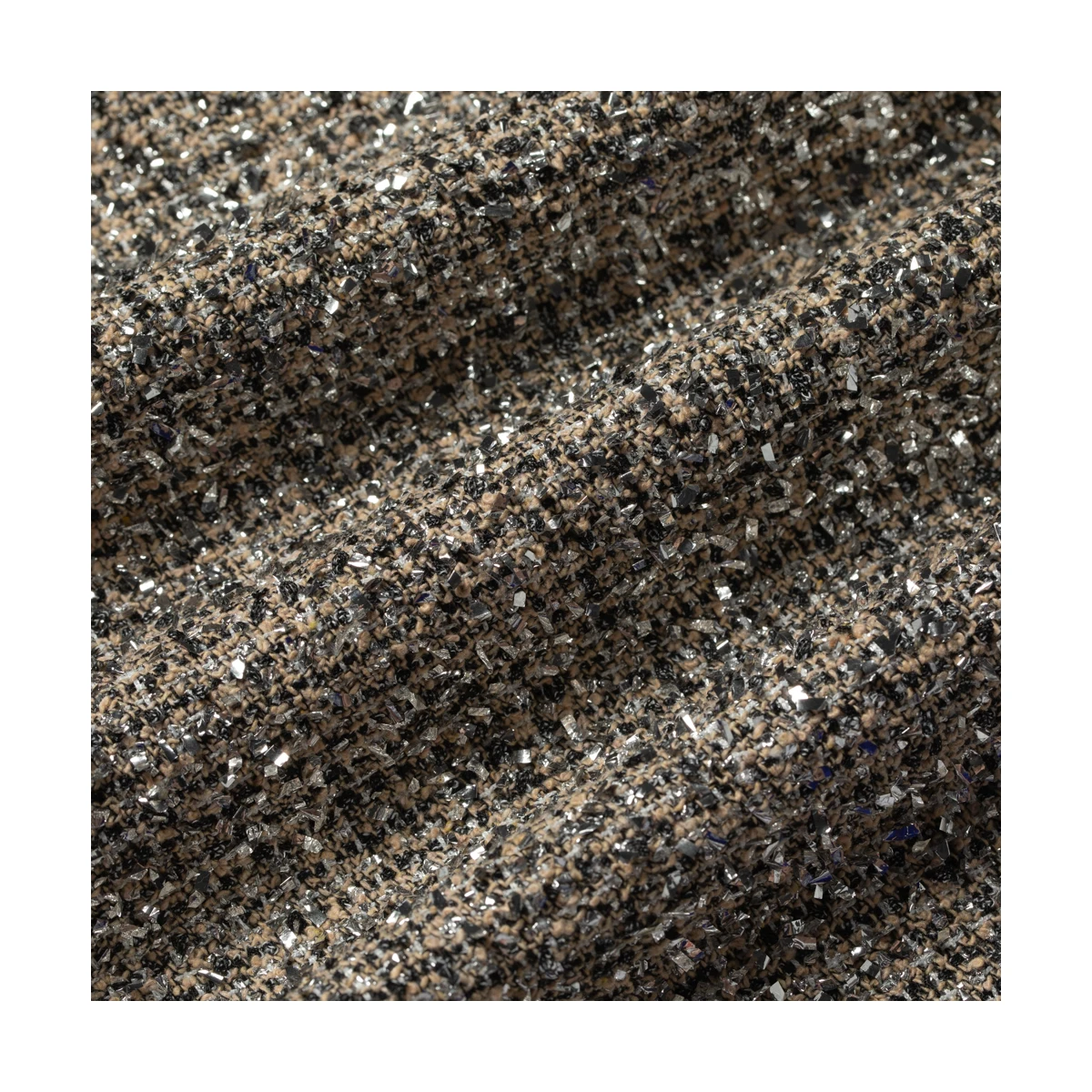 Fancy And Luxury Polyester Tweed Fabric, Woven Fabric Dress Tweed With Silver Yarn For Party